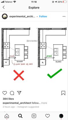 an iphone screen showing the floor plan for a kitchen and living room, with two green arrows