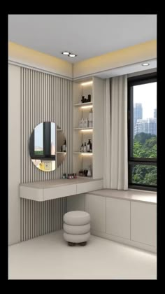 a bathroom with a large mirror, stool and shelves on the wall next to it