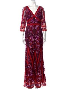 Marchesa Evening GownPurple & RedPrintedEmbroidered AccentThree-Quarter Sleeve with V-NeckConcealed Zip Closure at BackFit:Dresses by Marchesa typically fit true to size. Purple Fitted V-neck Gown, Purple Evening Dress With Intricate Embroidery, Formal Red Gown With Floral Embroidery, Formal Purple Embroidered Gown, Fitted V-neck Gown For Festive Occasions, Festive Fitted V-neck Gown, Red Fitted Gown With Floral Embroidery, Purple Evening Gown With Floral Embroidery, Fitted Red Gown With Floral Embroidery