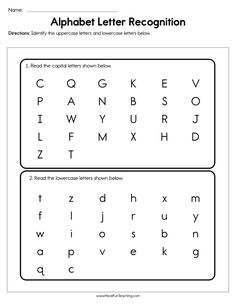 an alphabet recognition worksheet with the letters and numbers to be written in it