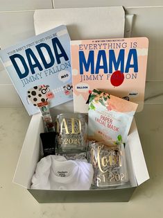 the dada box is packed with personal care products and books for him to read