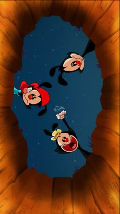 three cartoon characters are looking up at the sky from inside a wooden structure in an animated scene