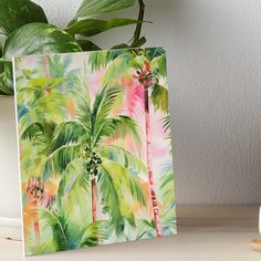 a painting of palm trees with pink and green leaves on the background art board print