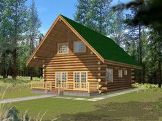 a small log cabin with a green roof and porch on the grass in front of some trees