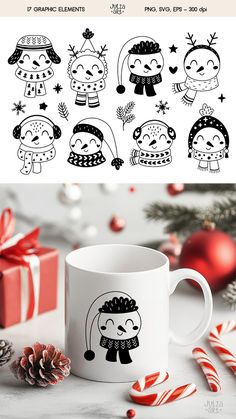 a coffee mug with christmas stickers on it