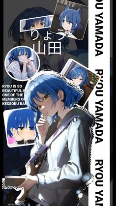 the back cover of an anime book with blue hair and white shirt, holding a microphone