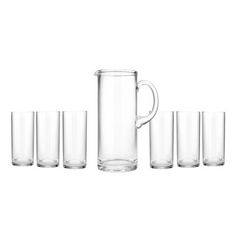 a set of six glasses and pitcher on a white background with one empty glass in the middle