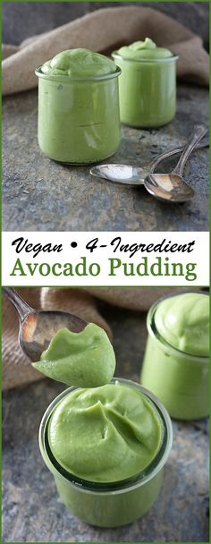 avocado pudding in small glass bowls with spoons on the side and text overlay that reads vegan & ingredient avocado pudding