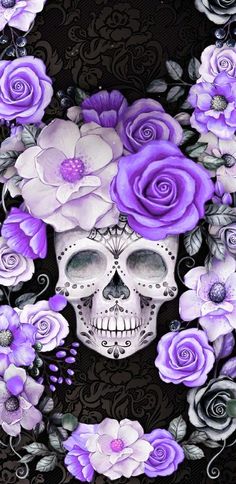 a painting of a skull with purple flowers on it