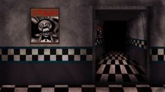 a creepy looking hallway with black and white checkered flooring, an art work hanging on the wall