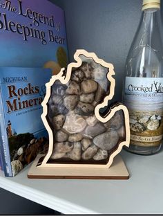 a bottle of wine sitting next to rocks and a book on top of a shelf