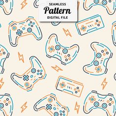 seamless pattern with video game controllers and lightnings on the side, in blue and orange