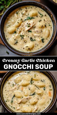 creamy garlic chicken gnocchi soup in a brown bowl with two pictures above it