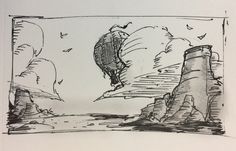 a drawing of a hot air balloon in the sky above some rocks and water with seagulls flying around