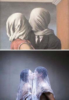 two pictures, one with shoes and the other with an image of people wearing veils