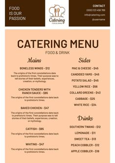 the catering menu for a restaurant