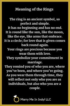 a poem written in black and gold with the words meaning of the rings on it