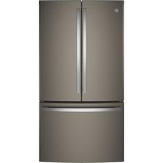 a stainless steel refrigerator freezer with the door ajar and two shelves on each side