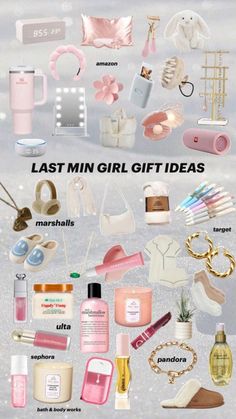 a poster with the words, last min girl gift ideas and other items on it