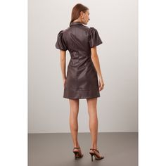 Brown faux leather (100% Polyurethane. Shirt dress. Short sleeves. Collar. Front button closure. 35" from shoulder to hemline. Imported. Formal Faux Leather Mini Dress For Fall, Brown Collared Mini Dress For Work, Fall Season Formal Faux Leather Mini Dress, Fall Leather Mini Dress For Work, Leather Mini Dress For Work In Fall, Fall Formal Faux Leather Mini Dress, Brown Mini Dress For Office, Brown Mini Dress With Button Closure For Work, Brown Leather Mini Dress For Night Out