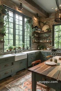 a rustic kitchen with green cabinets and wood flooring is pictured in this image from pugju com