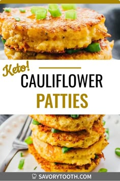 a stack of cauliflower patties on a plate with the title above it