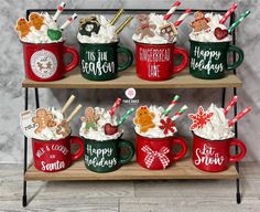 Cute Christmas Mugs, Painted Valentines, Starbucks Costume, Tiered Tray Decor Christmas, Mug Decor, Coffee Mug Crafts, Coffee Mug Display, I Spy Diy, Gingerbread Decor