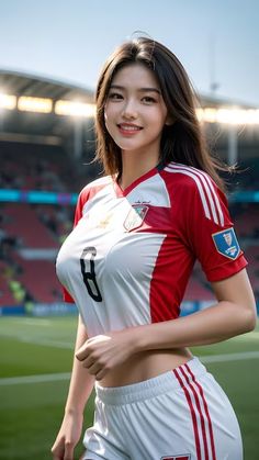 a beautiful young woman standing on top of a soccer field in front of an empty stadium