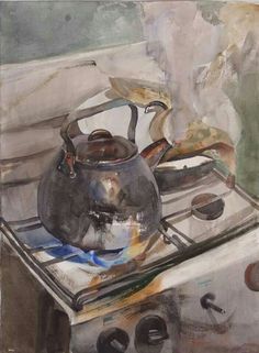 a painting of a tea pot on top of a stove