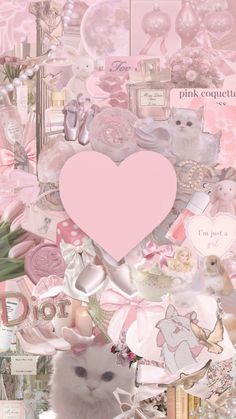 a pink collage with a cat surrounded by other items