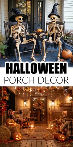 halloween porch decor with skeletons and pumpkins