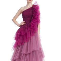 Asymmetrical Neckline One Shoulder Sleeveless Ruffled Tiered Layers Ombre Motif Evening Dress Imported Dry Clean Color: Sangria Chic Purple Evening Gown, Purple Ruffled Gown For Formal Occasions, Purple Tulle Evening Gown, Purple Ruffled Evening Dress For Formal Occasions, Formal Purple Evening Dress With Ruffles, Elegant Purple Tulle Gown, Purple One-shoulder Gala Dress, Purple Ruffled Evening Dress, Purple One-shoulder Dress For Gala