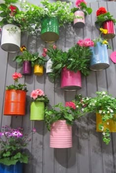 colorful flower pots hanging on the side of a wall