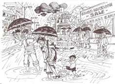 a drawing of people walking in the rain with umbrellas