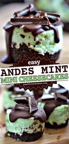 an image of mini cheesecakes with chocolate and mint toppings on top that are ready to be eaten