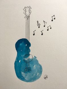 a drawing of an acoustic guitar with musical notes coming out of it's neck