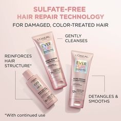 L'Oreal Paris EverPure Bond Repair hair care system with citric acid repairs and strengthens color treated, damaged, and fragile hair while leaving hair soft. Prior to shampoo, prep with Bond Repair Pre-Shampoo Concentrate to further penetrate inside the hair cortex to rebuild weak bonds. Scientifically proven to strengthen hair and reduce breakage. Leading prestige routine based on NPD full year data. 100% Sulfate Free Shampoo and Conditioner, Paraben Free, No Harsh Salts, No Harsh Surfactants, Conditioner Packaging, Chemically Damaged Hair, Treat Damaged Hair, Heat Damaged Hair, Hair Care Kit, Vegan Hair Care, Shampoo And Conditioner Set, Weak Hair, Strengthen Hair