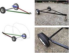 three different views of a trailer with two wheels and one wheel attached to the cart