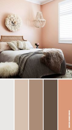 a bedroom with pink walls and neutral colors