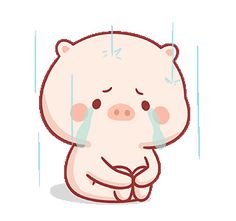 a little pig crying in the rain with its head on his hands and eyes closed