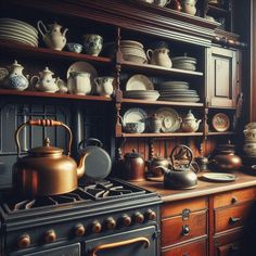 an old fashioned kitchen with many pots and pans