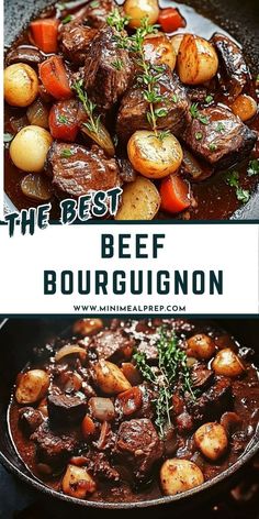 the best beef bourgugnon recipe with potatoes and carrots in a skillet