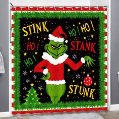 a shower curtain with an image of the grin on it's face and words stink, ho hoo, stank, stink