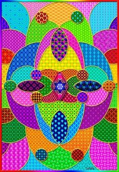 a colorful abstract painting with circles and dots in the shape of an animal's head