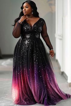 Black Formal Long Dresses, Long Sleeve Winter Evening Dress, Plus Size Prom Dresses With Sleeves, Long Black Dress Plus Size, Glitter Dress Outfit, Plus Size Gala Dress, Stunning Wedding Guest Dresses, Goddess Wedding, Plus Size Evening Dress