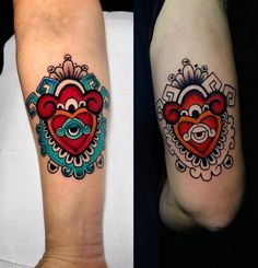 two tattoos on the legs of people with heart shaped faces and ornate ornaments around them