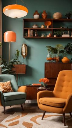 a living room with two chairs and a table in front of a wall filled with potted plants