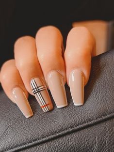 Fall Acrylic Nails Ideas Coffin, Plaid Acrylic Nail Designs, Simple Fall Nails Acrylic Coffin, Coffin Gel Nails Ideas Fall, Short Fall Plaid Nails, Cute Fall Nails Plaid, Fall Plaid Acrylic Nails, Neutral Fall Nails Coffin, Nail Ideas For Coffin Shape