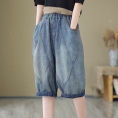 Details: Gender: Women Item Type: Shorts Material: Denim Season: Summer Pattern: Patchwork Style: Casual, Loose, Retro Waist Type: Elastic Waist Size: One Size Waist: 68.00 - 104.00 cm/ 26.77 - 40.94 " Length: 66.00 cm/ 25.98 " Hip: 126.00 cm/ 49.61 " Thigh: 70.00 cm/ 27.56 " Bottom: 46.00 cm/ 18.11 " Casual Cotton Patchwork Jean Shorts, Spring Patchwork Cotton Jean Shorts, Summer Patchwork Medium Wash Shorts, Spring Denim Blue Patchwork Shorts, Blue Cotton Patchwork Shorts, Retro Summer, Denim Patchwork, Summer Patterns, Elastic Waist