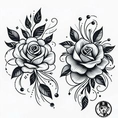 two black and white roses with leaves on the side, one is drawn by hand